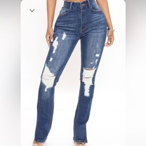 Fashion Nova Women’s High Rise Straight Leg Side Slit Dark Wash Distressing 7